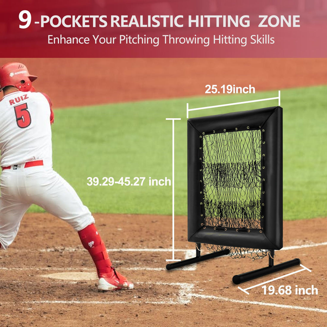 Filet de lancer de baseball Garvee à 9 trous, réglable, robuste, 7 plis, portable, pour l'entraînement au baseball et au softball, 50 x 75 cm, noir