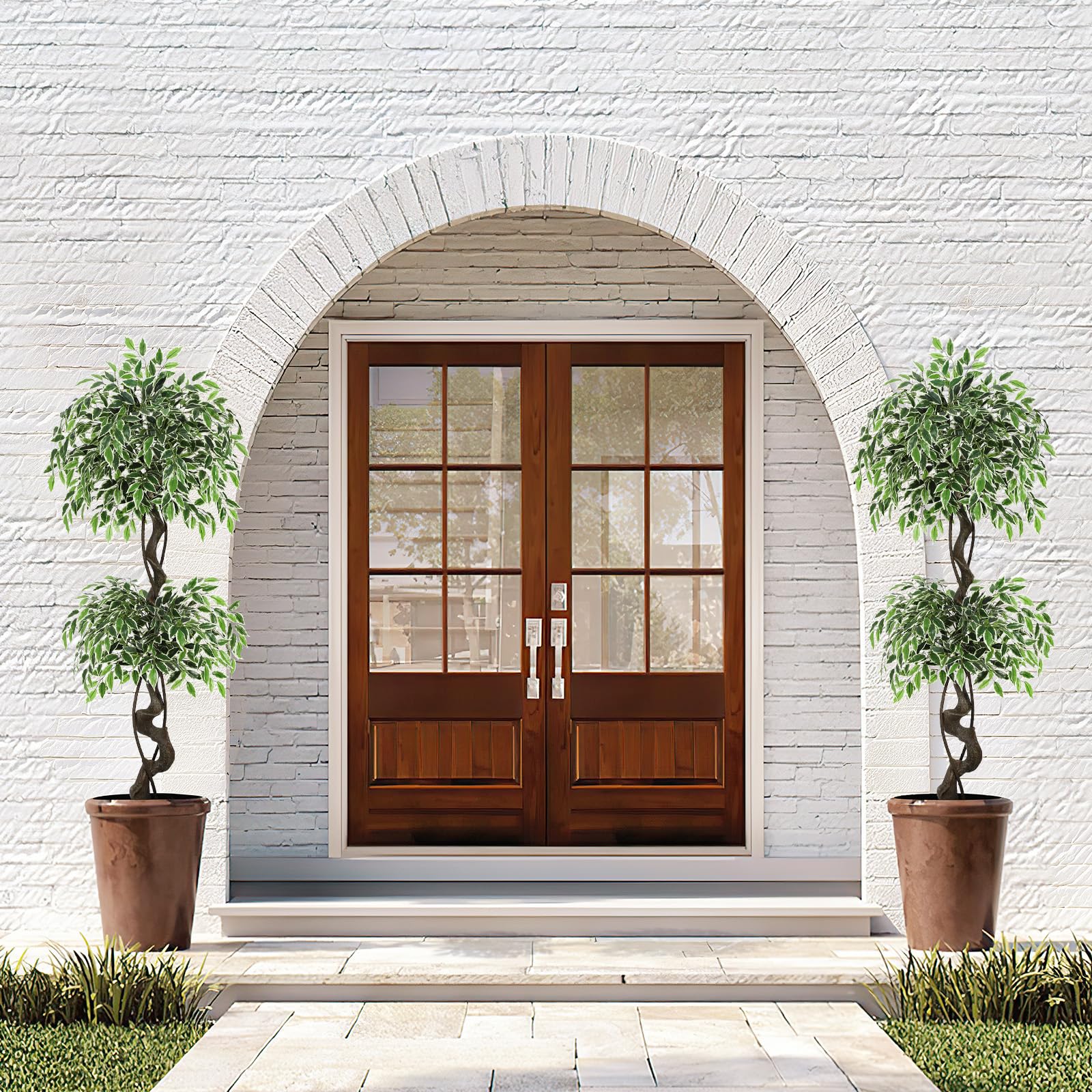 Garvee Ficus artificiel panaché blanc 150 cm en PE durable, plante réaliste pour décoration intérieure et extérieure
