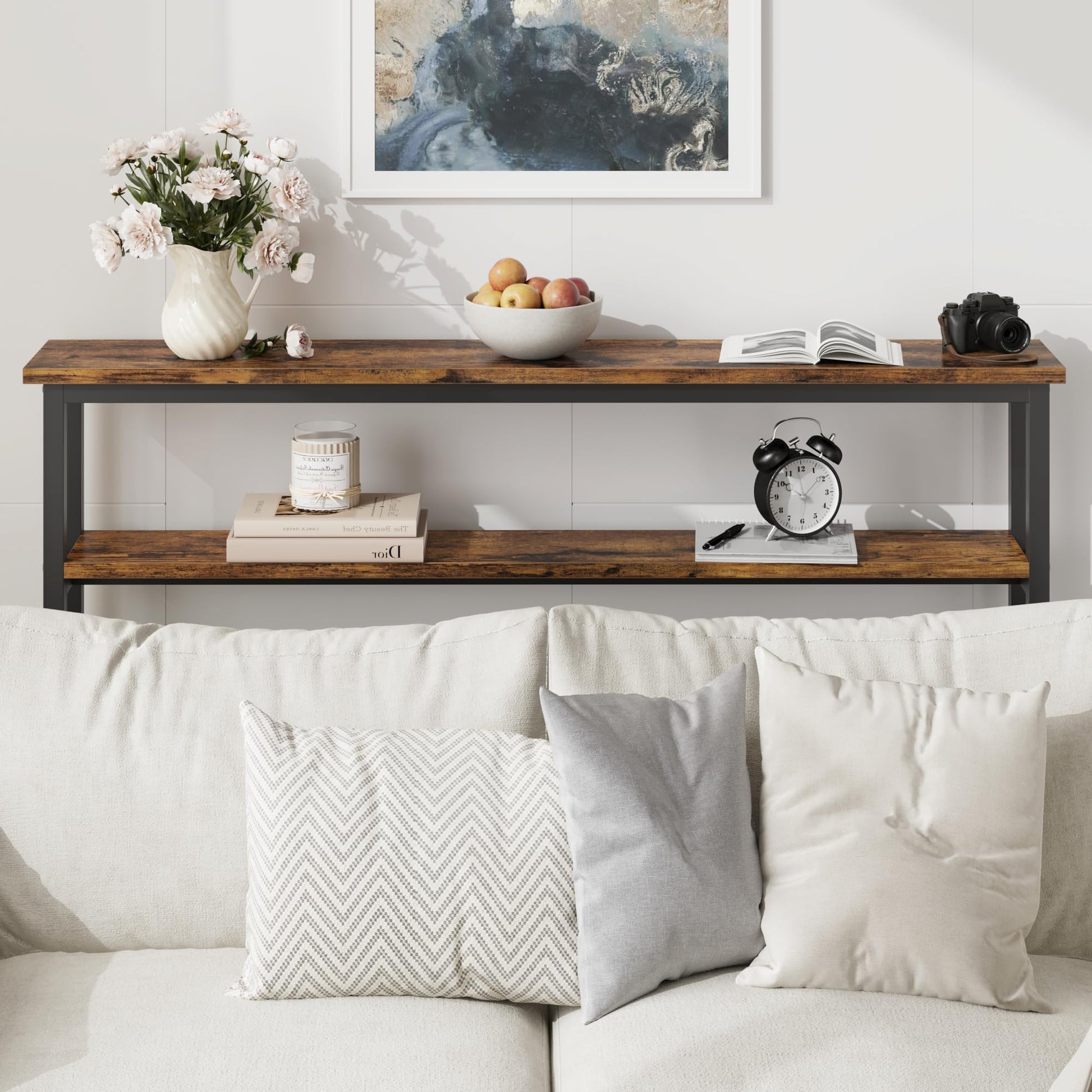 Garvee Console étroite 15 cm, table de canapé 2 niveaux avec étagère réglable, idéale salon, entrée et couloir, marron rustique