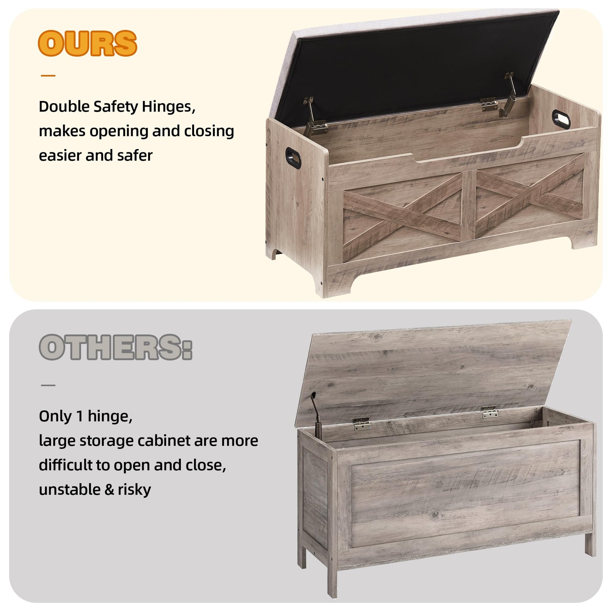 Banc de rangement Garvee avec verrou de sécurité, style campagnard, bois gris, pour couloir et chambre