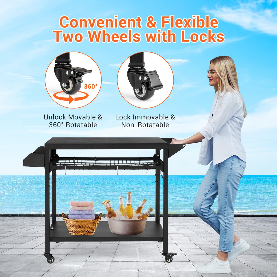 Chariot de barbecue d'extérieur Garvee avec support pour four à pizza, étagères en maille réglables, acier thermolaqué, 4 roues, jardin et camping, 105 x 50 x 81 cm, noir