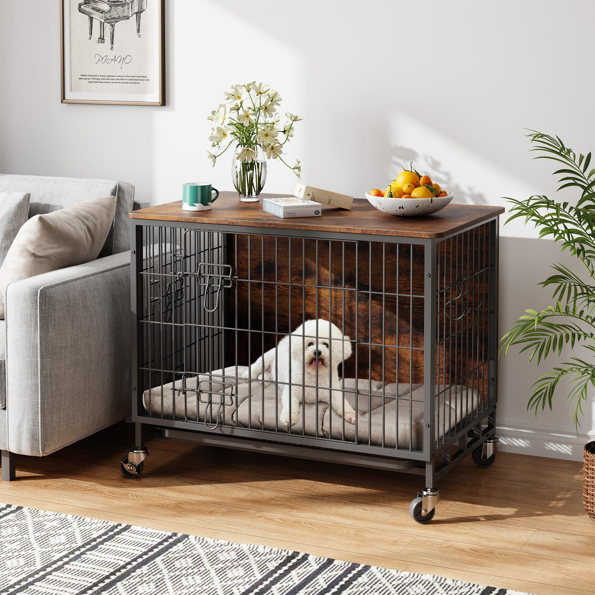 Meuble de cage pour chien Garvee 98 cm (38,6 po) en bois avec roulettes et double porte pour grands chiens d'intérieur, stable, mobile, antidérapant, en bois aggloméré