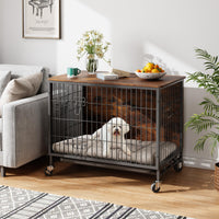 Meuble de cage pour chien Garvee 98 cm (38,6 po) en bois avec roulettes et double porte pour grands chiens d'intérieur, stable, mobile, antidérapant, en bois aggloméré