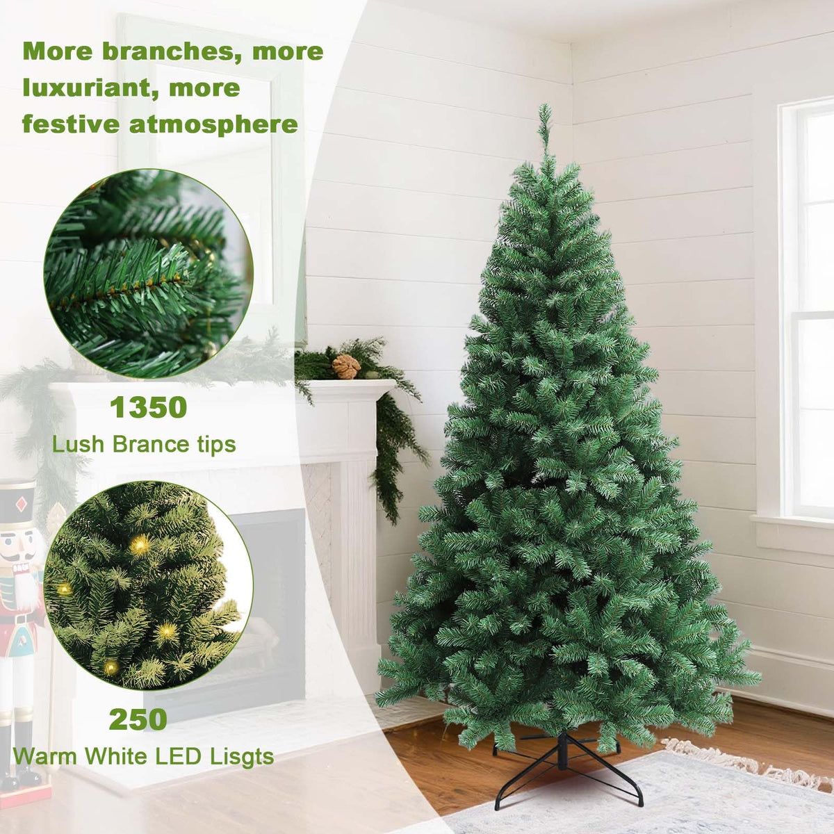 Sapin de Noël artificiel Garvee – 214 cm, 300 LED, 1350 branches, aiguilles en PVC, pour Noël