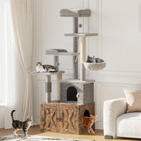 Meuble pour chat Garvee 2-en-1 avec arbre à chat et cachette pour litière, bois moderne, brun rustique, usage intérieur, gain de place, confortable