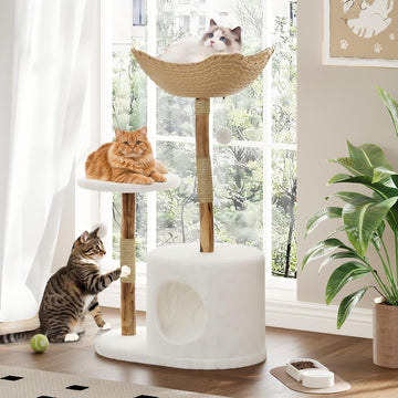 Arbre à chat Garvee moderne en bois véritable pour grands chats, bois de poirier de luxe, 109 cm, blanc, pour salon, avec poteaux à griffer et tapis résistants aux intempéries