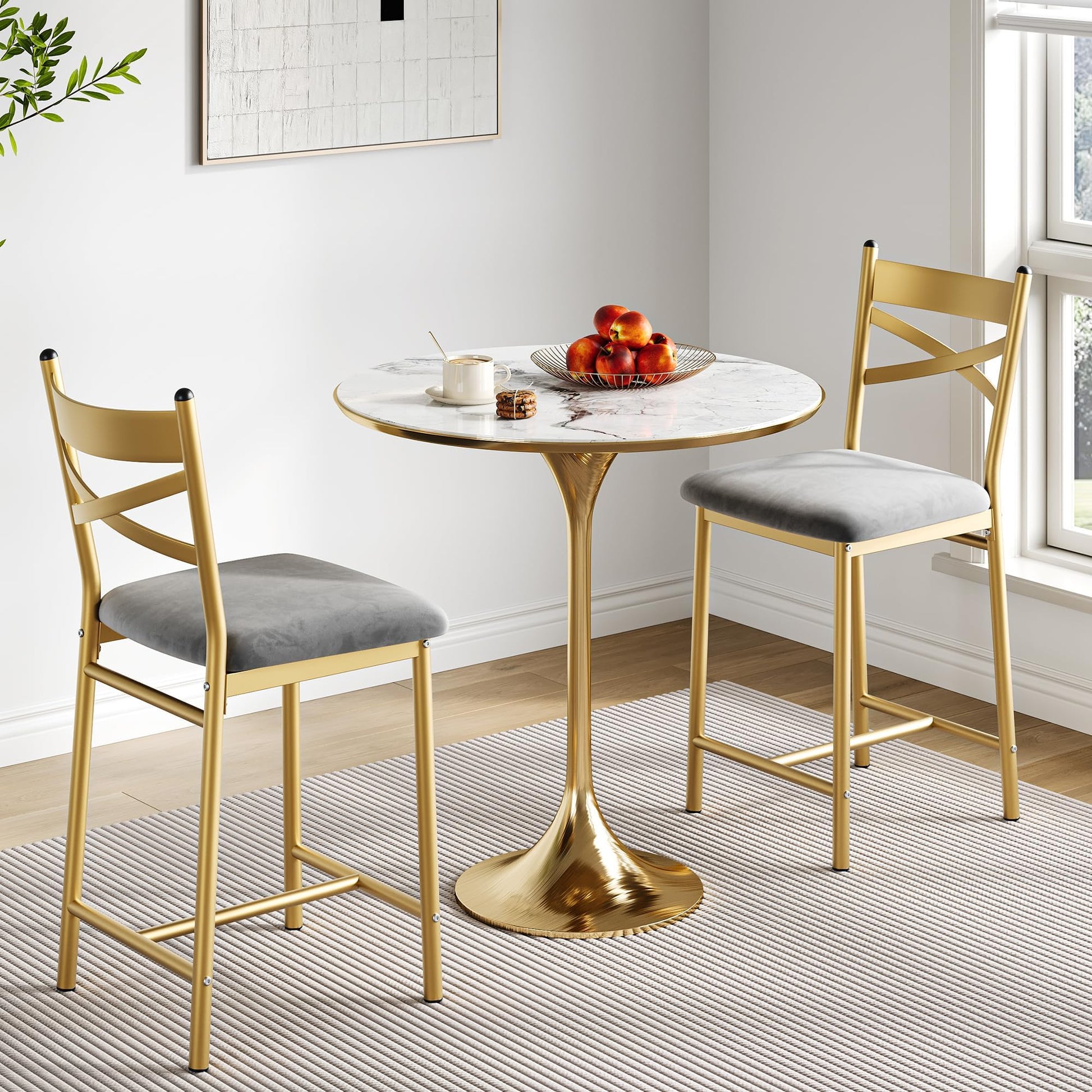 Ensemble de 2 tabourets de bar Garvee 66 cm (26 po) en métal avec dossier en X et coussins en cuir PU épais imperméable doré, pour salle à manger ou restaurant.