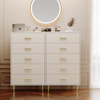 Commode Garvee blanche à 5 tiroirs avec poignées et pieds en métal doré, étroite, en bois, design moderne, idéale pour la chambre et l'entrée.