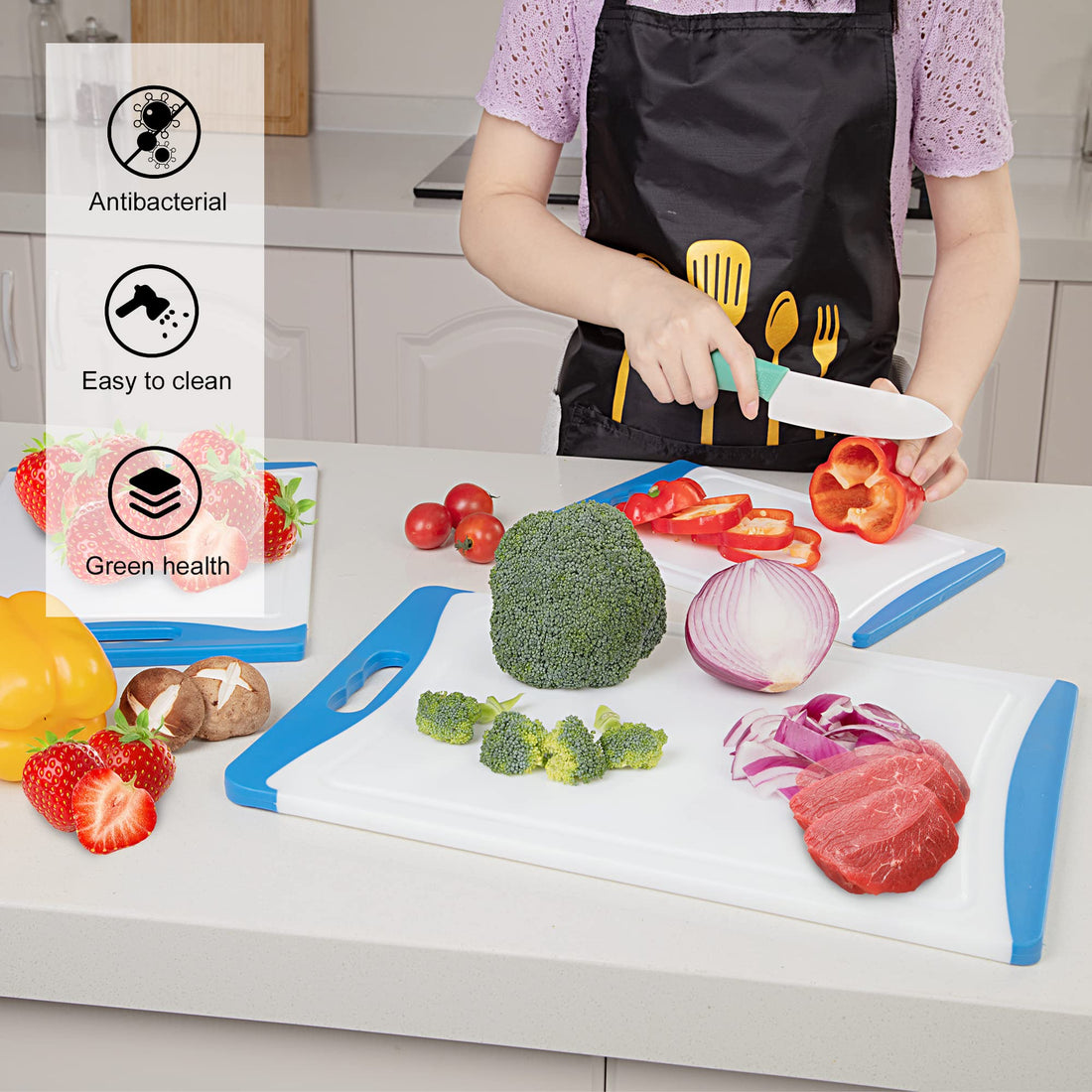 Ensemble de planches à découper Garvee Kitchen, 3 pièces, sans BPA, avec rainure à jus et poignée, usage polyvalent, 42 cm x 35 cm x 29 cm, multicolore
