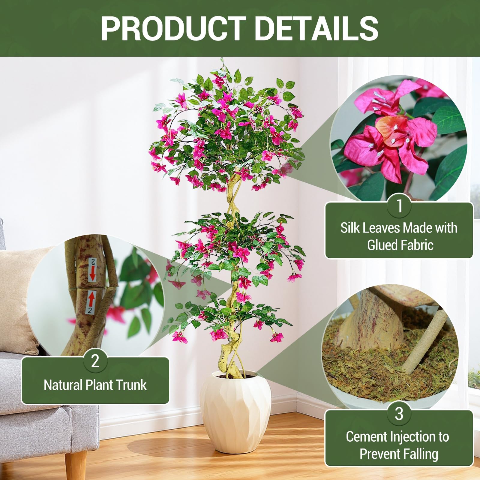 Bougainvillier artificiel rose Garvee de 1,8 m, réaliste et facile d'entretien, en soie, pour une utilisation intérieure et extérieure, léger et polyvalent