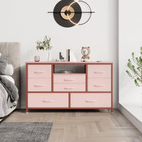Garvee Meuble TV à 8 tiroirs avec éclairage LED et prise électrique pour salon et chambre, en MDF, éclairage RGB, grand espace de rangement, blanc