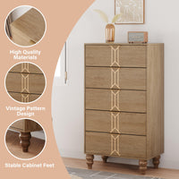 Commode Garvee à 5 tiroirs, motif vintage, en MDF, poignées dorées, idéale pour la chambre et le salon. Grande taille et résistante.