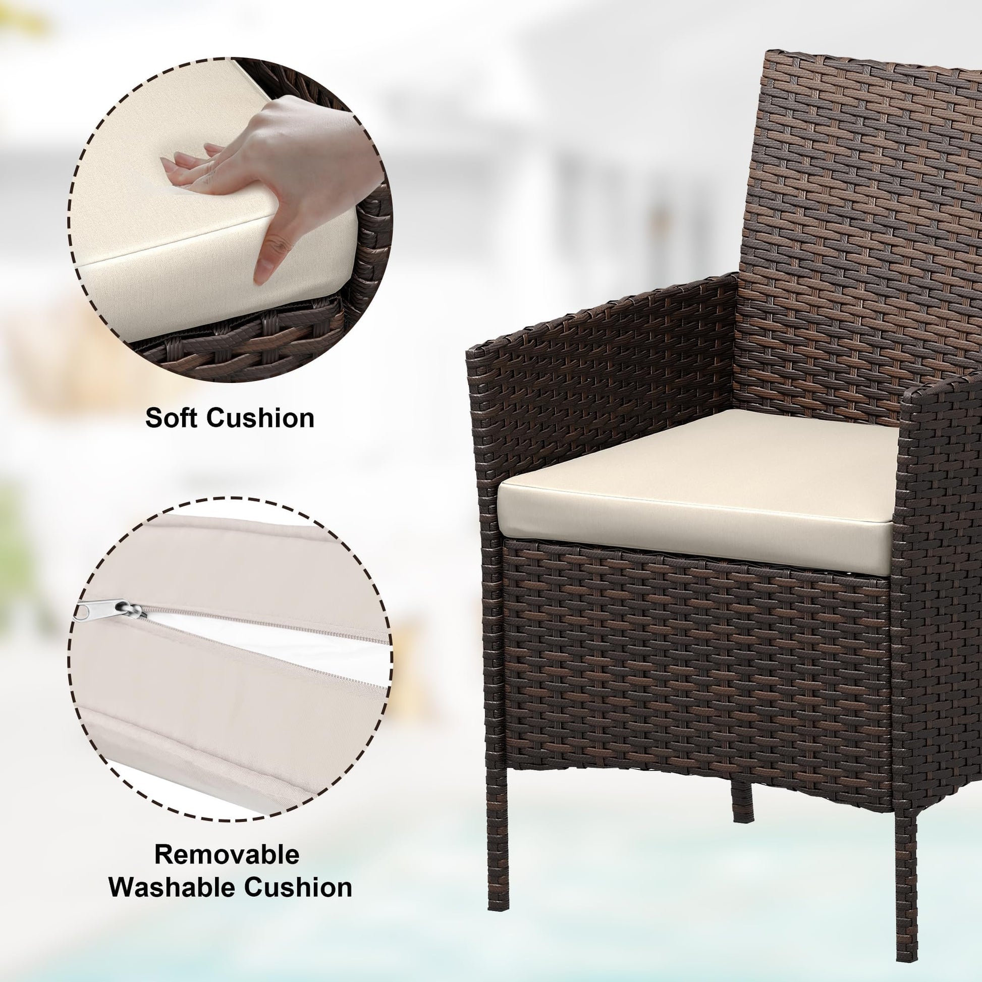 Ensemble de mobilier de jardin Garvee, 3 pièces, rotin PE, chaises ergonomiques, table en verre, résistant aux intempéries, marron-beige, balcon, jardin