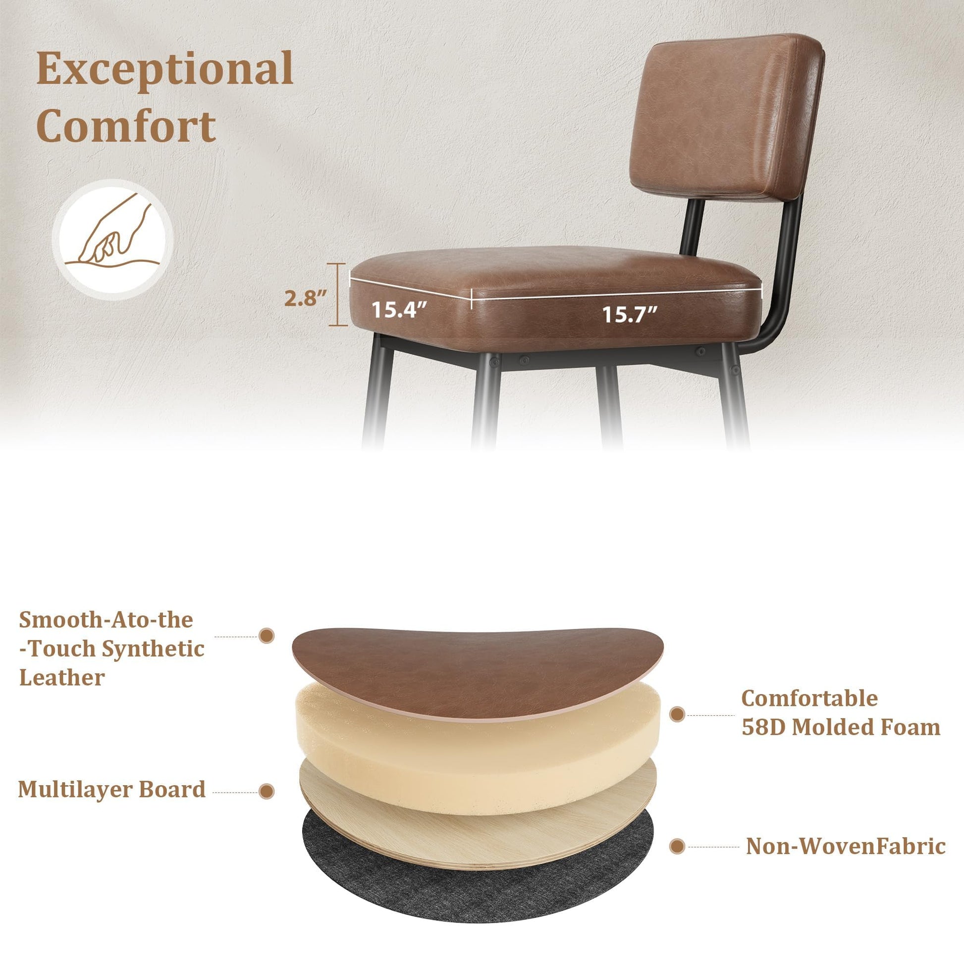 Ensemble de 2 tabourets de bar Garvee, 66 cm (26 po), similicuir, dossier ergonomique, pieds en métal, assise rembourrée, repose-pieds en forme de H, marron, pour îlot de cuisine et bar