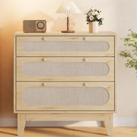 Commode Garvee à 3 tiroirs, bois et rotin, design moderne, salon et chambre, chêne clair, robuste et polyvalente