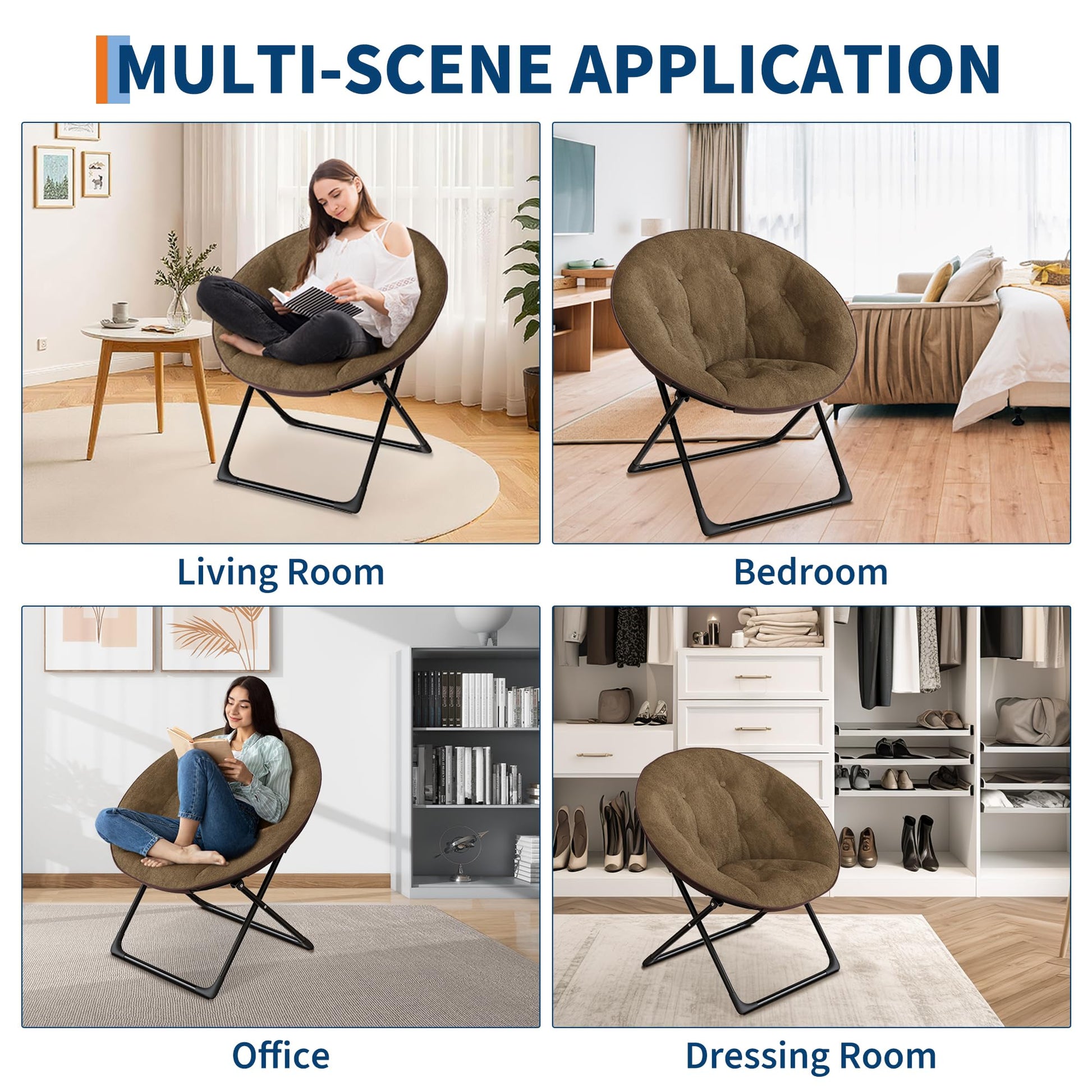 Fauteuil soucoupe pliable Garvee en fausse fourrure, doux et confortable, structure en métal, marron, pour la chambre et le jardin, léger et portable