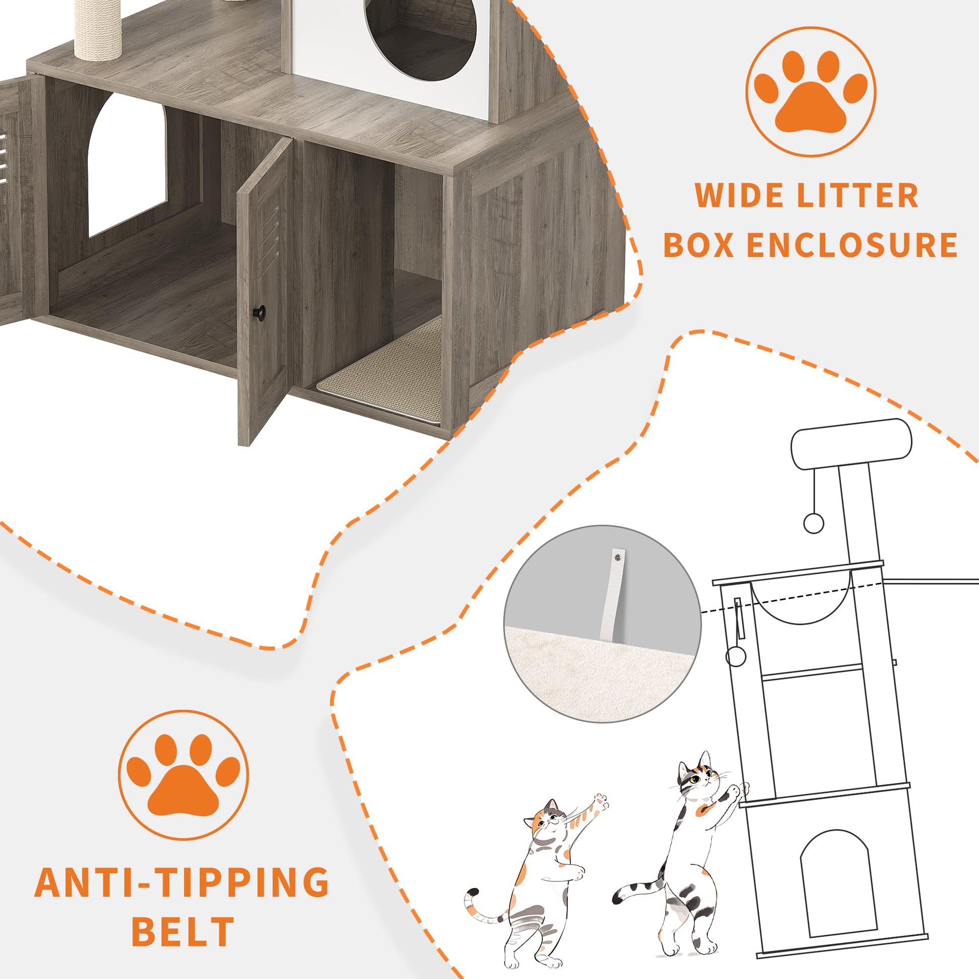 Meuble pour chat Garvee en bois avec bac à litière dissimulé, griffoir et hamac pour chats de petite et moyenne taille, plusieurs niveaux, gris rustique, salon