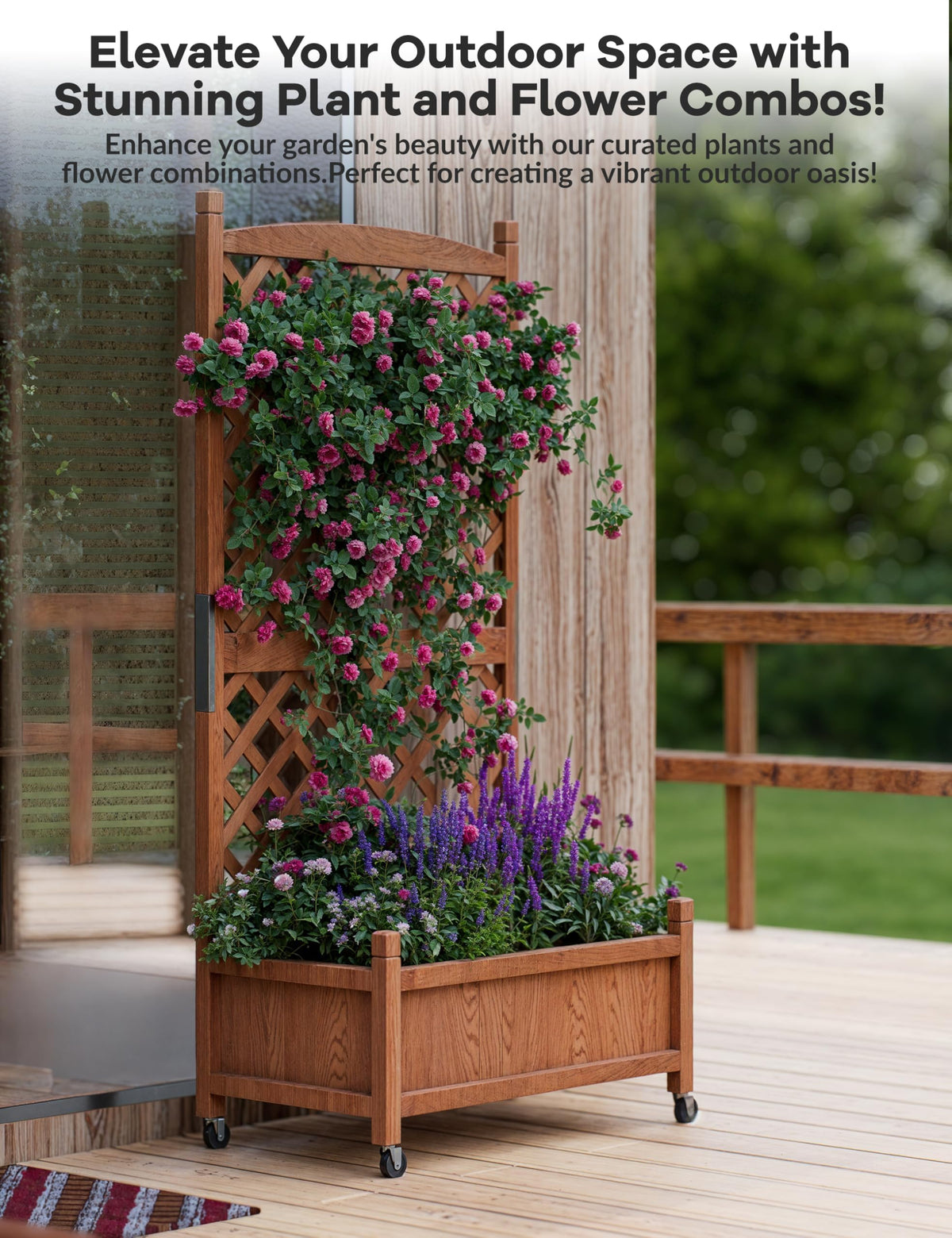 Garvee Jardinière en bois avec treillis et roues pour terrasse et jardin, 75 x 33 x 150 cm, marron.
