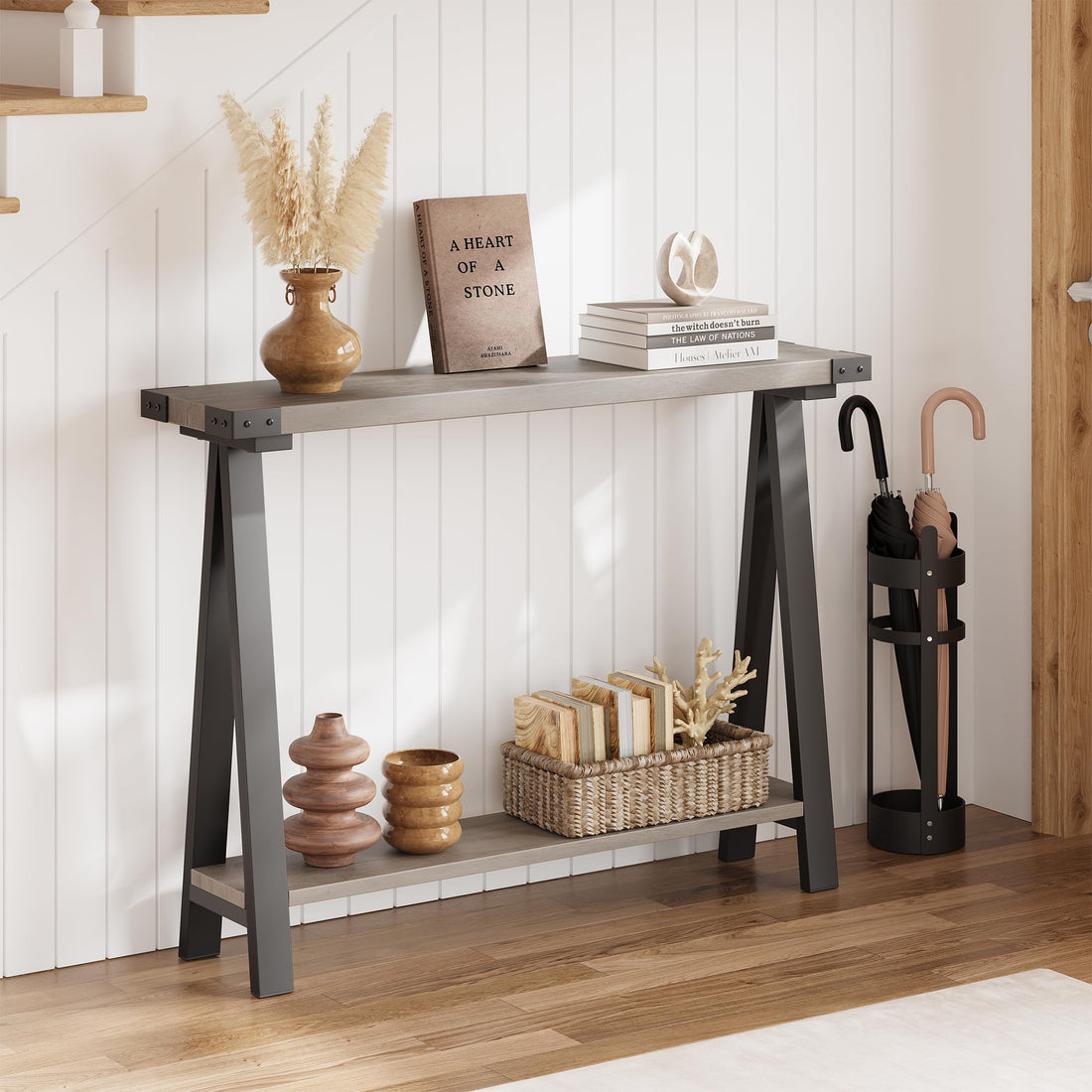 Console Garvee pour entrée, 2 niveaux, étroite, pieds en forme de R, bois, 110 cm, marron, polyvalente