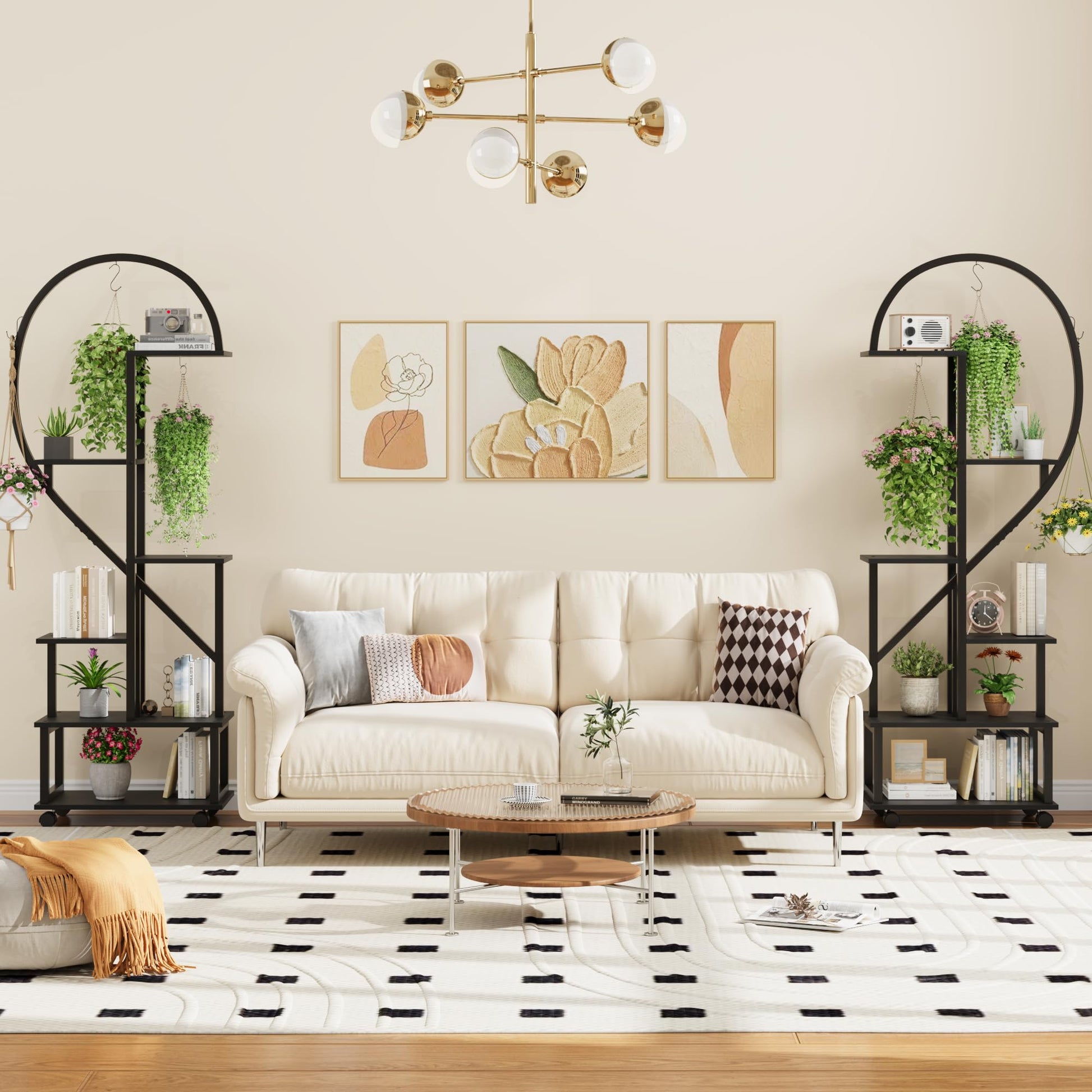 Ensemble de 2 supports à plantes Garvee, métal et bois, support à fleurs en forme de demi-cœur pour l'intérieur et l'extérieur, jardin, balcon, terrasse, noir