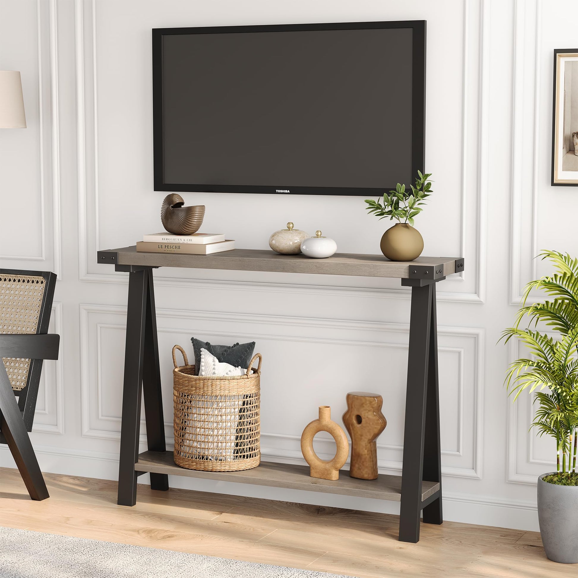 Console Garvee pour entrée, 2 niveaux, étroite, pieds en forme de R, bois, 110 cm, marron, polyvalente