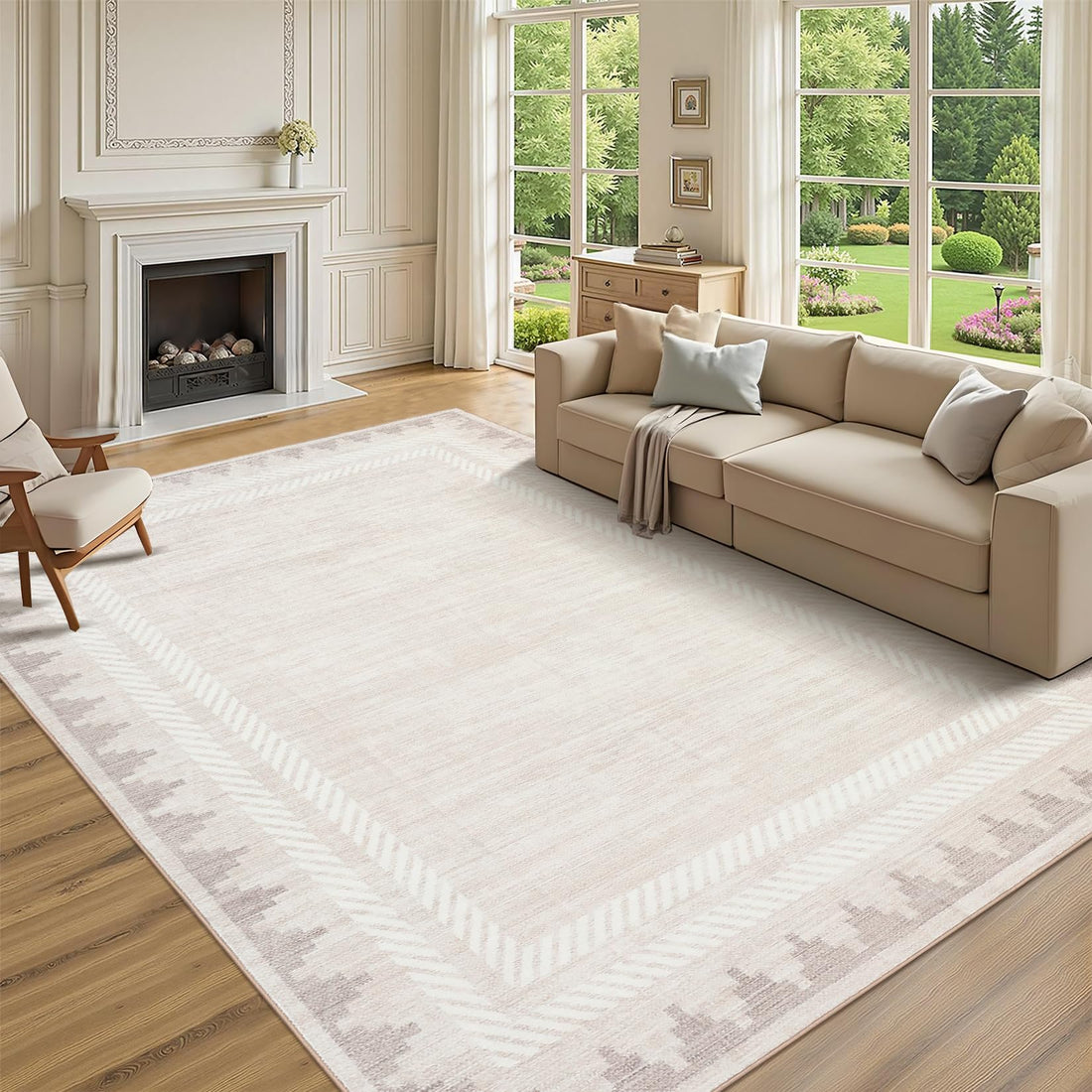 Garvee tapis lavable 240 × 300 cm, couleur crème, moderne, antidérapant, bordure géométrique, poils courts, polyester, pour salon et chambre