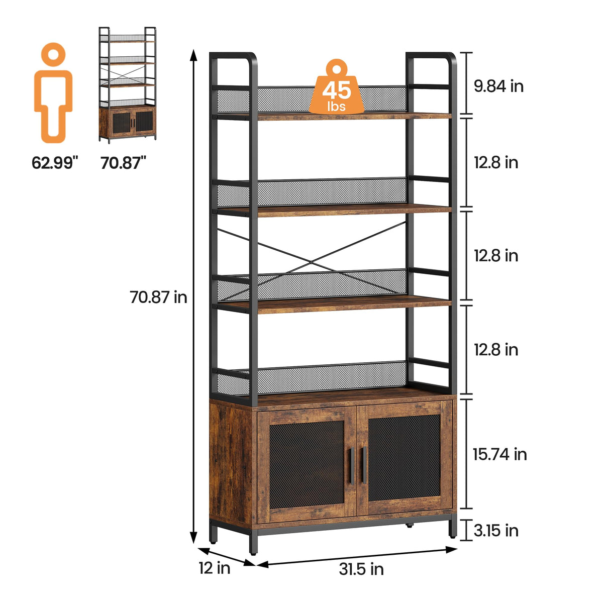 Garvee Bibliothèque Industrielle avec Portes Grillagées, 4 Étagères, Structure en Métal et Panneaux MDF, 180 × 80 × 30,5 cm, pour Salon et Bureau