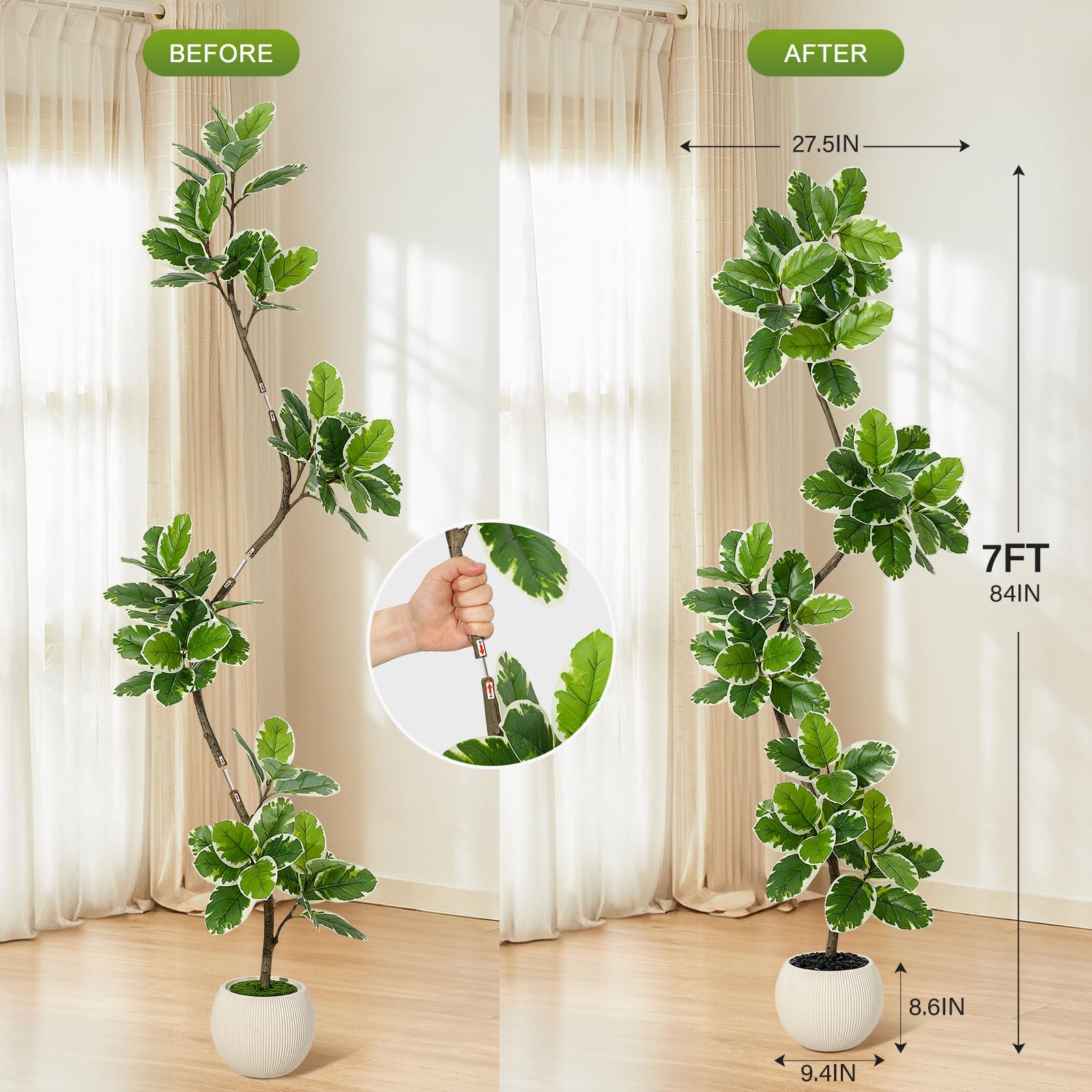 Ficus lyrata artificiel Garvee de 2,13 m (7 pi) avec pot en béton et mousse, idéal pour le salon et le bureau. Facile d'entretien, flexible, feuilles réalistes, vert.