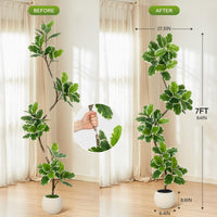 Ficus lyrata artificiel Garvee de 2,13 m (7 pi) avec pot en béton et mousse, idéal pour le salon et le bureau. Facile d'entretien, flexible, feuilles réalistes, vert.