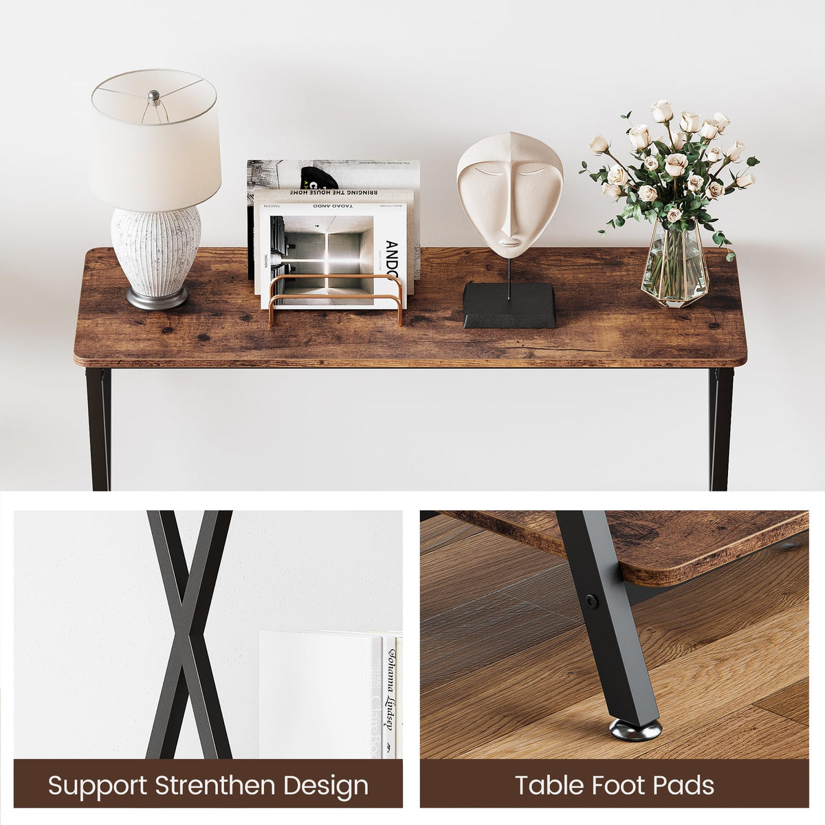 Console étroite Garvee, style campagnard, structure en bois et métal en forme de X, idéale pour le salon et l'entrée. Dimensions : 80 cm (L) x 30 cm (l) x 81 cm (H), noire.