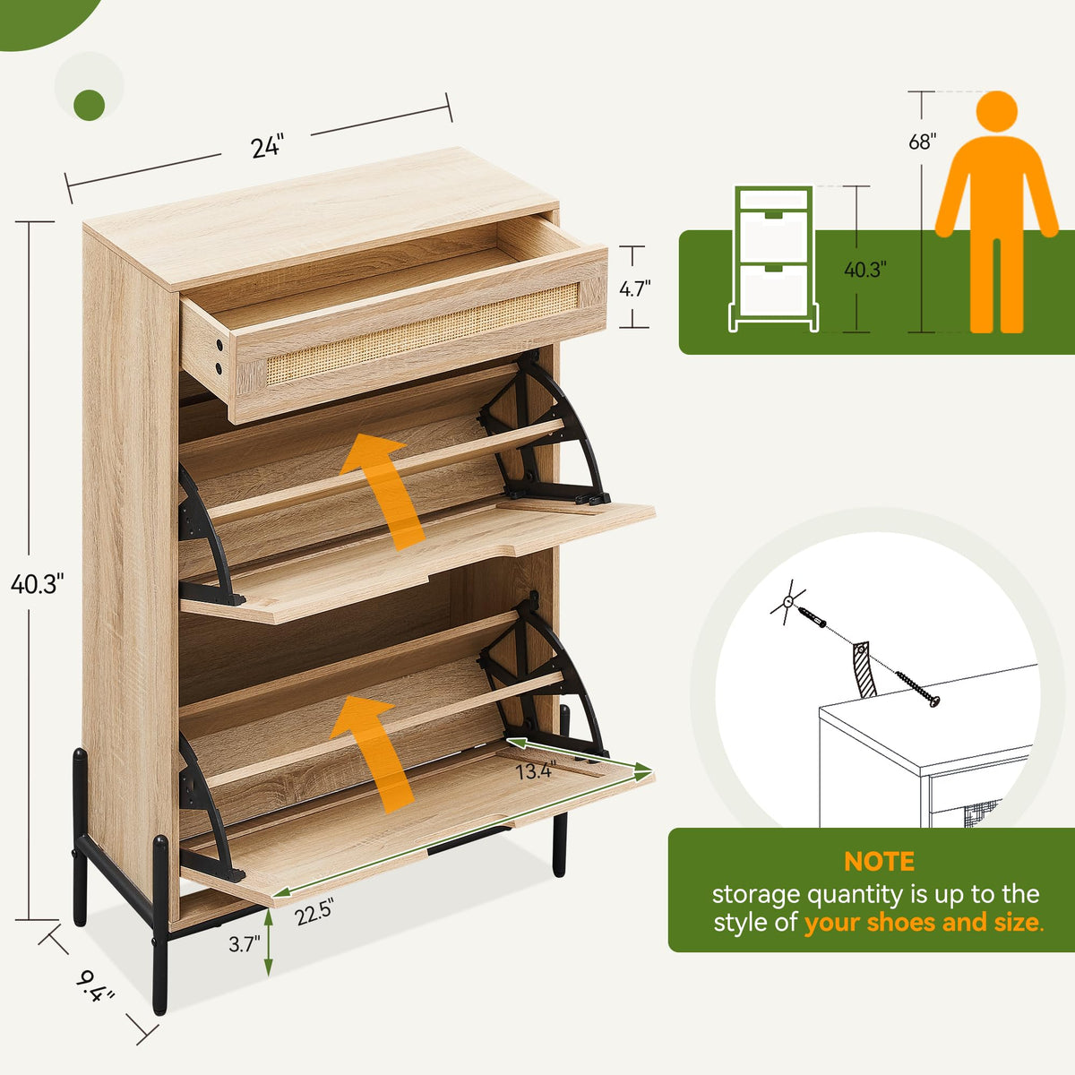 Meuble à chaussures autoportant Garvee en rotin naturel avec 2 tiroirs abattants, 1 tiroir et 3 étagères réglables, idéal pour l'entrée et la chambre, 61 x 24 x 102 cm, marron