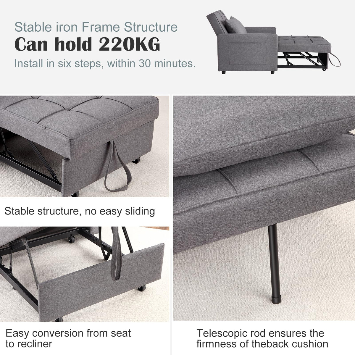 Canapé-lit/fauteuil convertible 3 en 1 Garvee, revêtement en lin, gain de place, 192 x 96 x 59 cm, gris