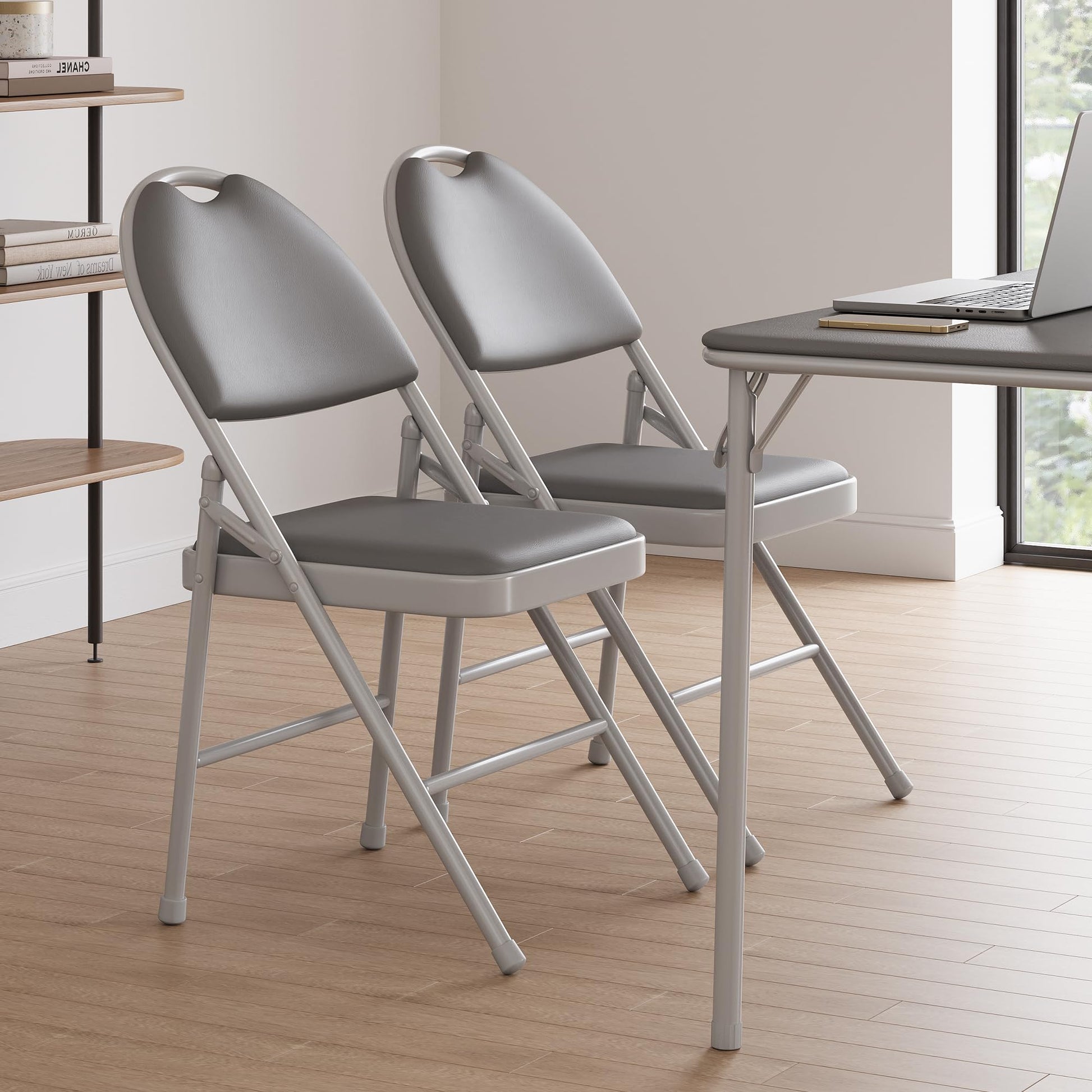 Ensemble de 6 chaises pliantes Garvee avec revêtement en cuir PU, structure en métal, gris, pour une utilisation intérieure et extérieure