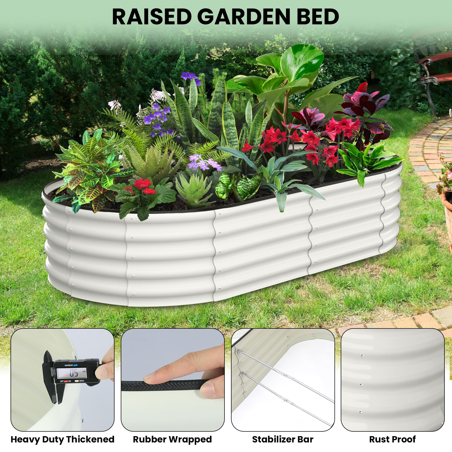 Garvee Lot de 2 Jardinières Surélevées Ovales 183 × 91 × 61 cm, Acier Galvanisé Blanc, Bacs Potagers Anticorrosion avec Fond Ouvert, Montage Sans Outil, Jardin et Terrasse