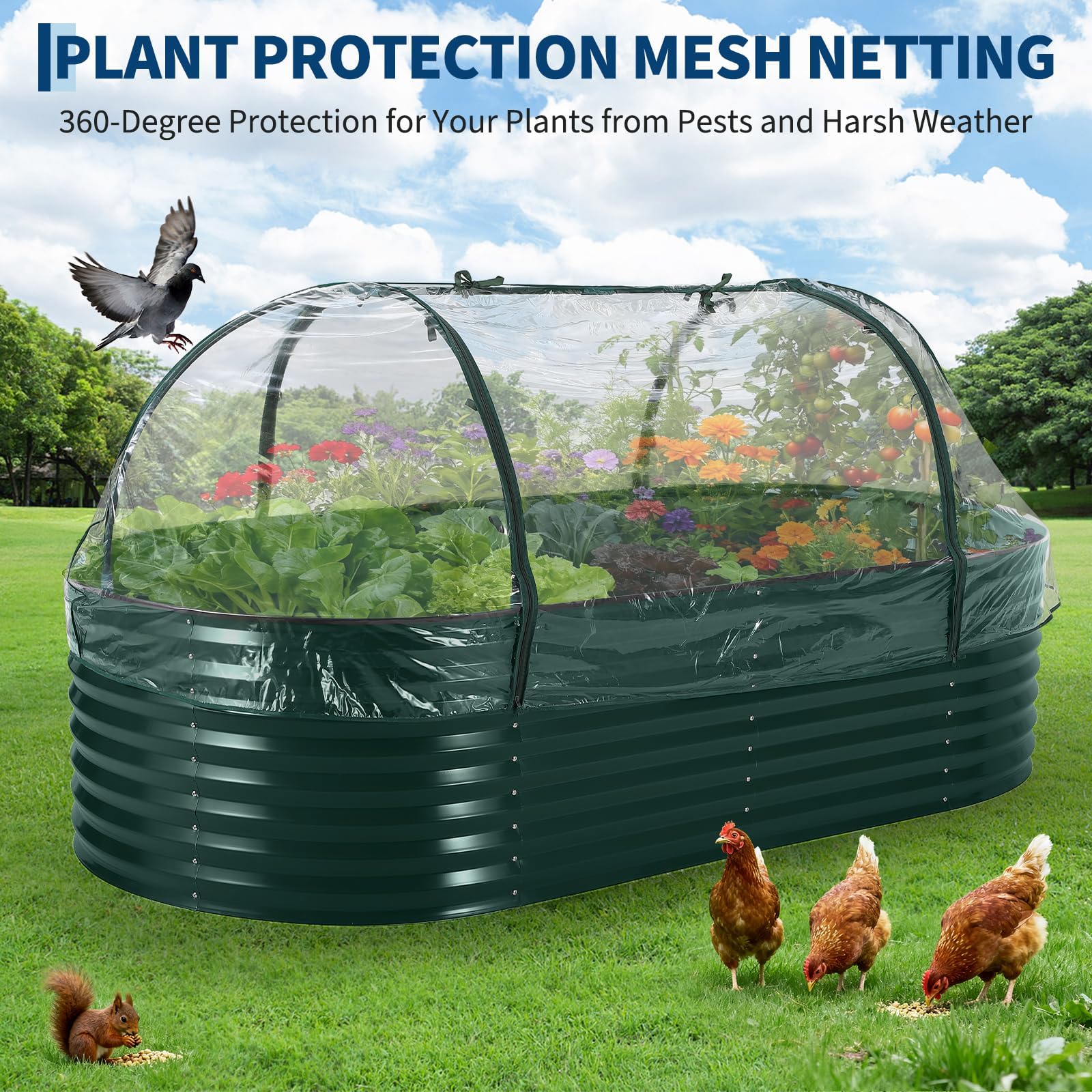Jardinière surélevée en métal renforcé Garvee avec filet de protection anti-oiseaux pour jardin et terrasse, en acier galvanisé, gants et housse en PVC inclus, résistante aux intempéries
