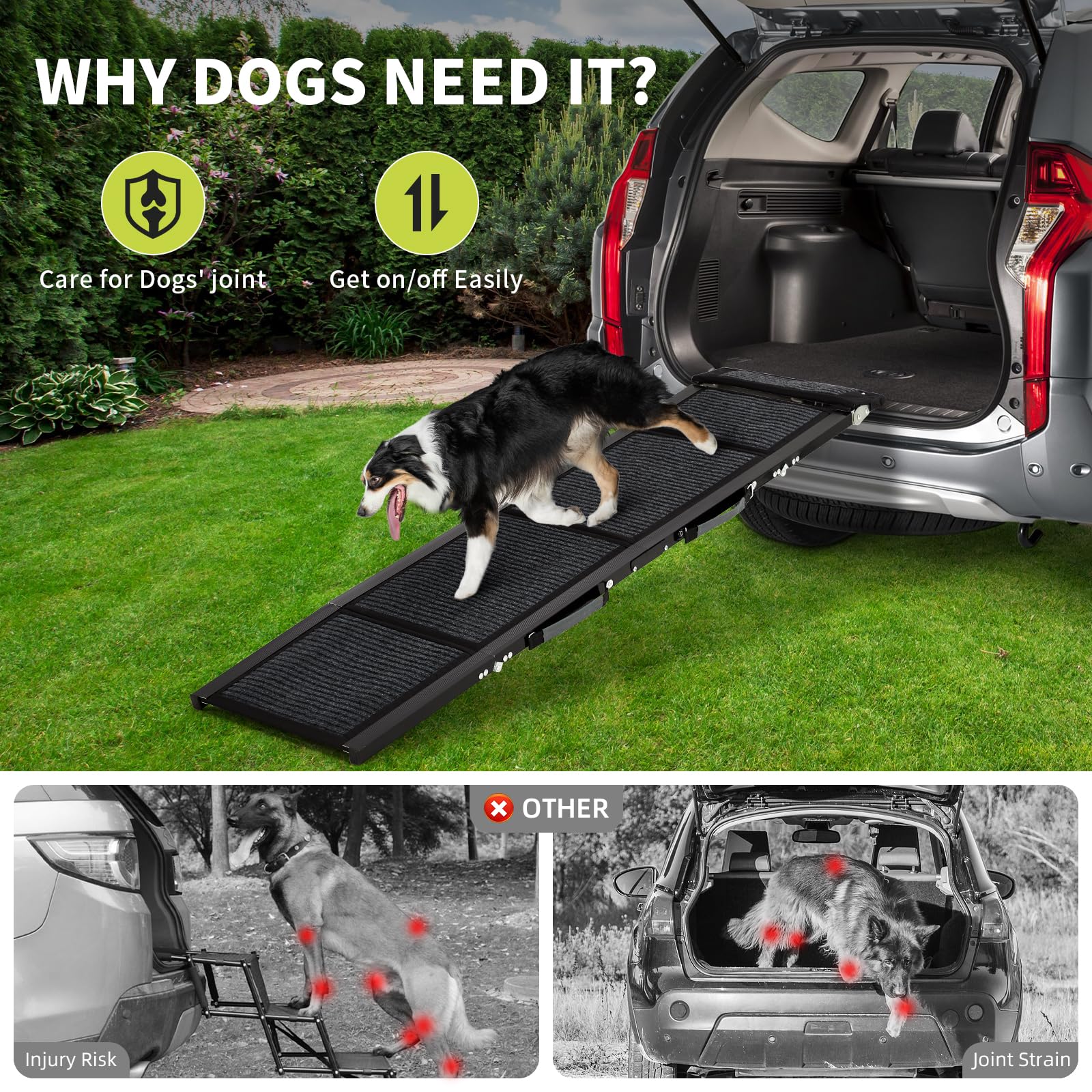 Garvee Rampe pliable pour chien en aluminium 160 x 43 cm, antidérapante, supporte jusqu’à 120 kg, idéale voiture, canapé, lit et chiens âgés.