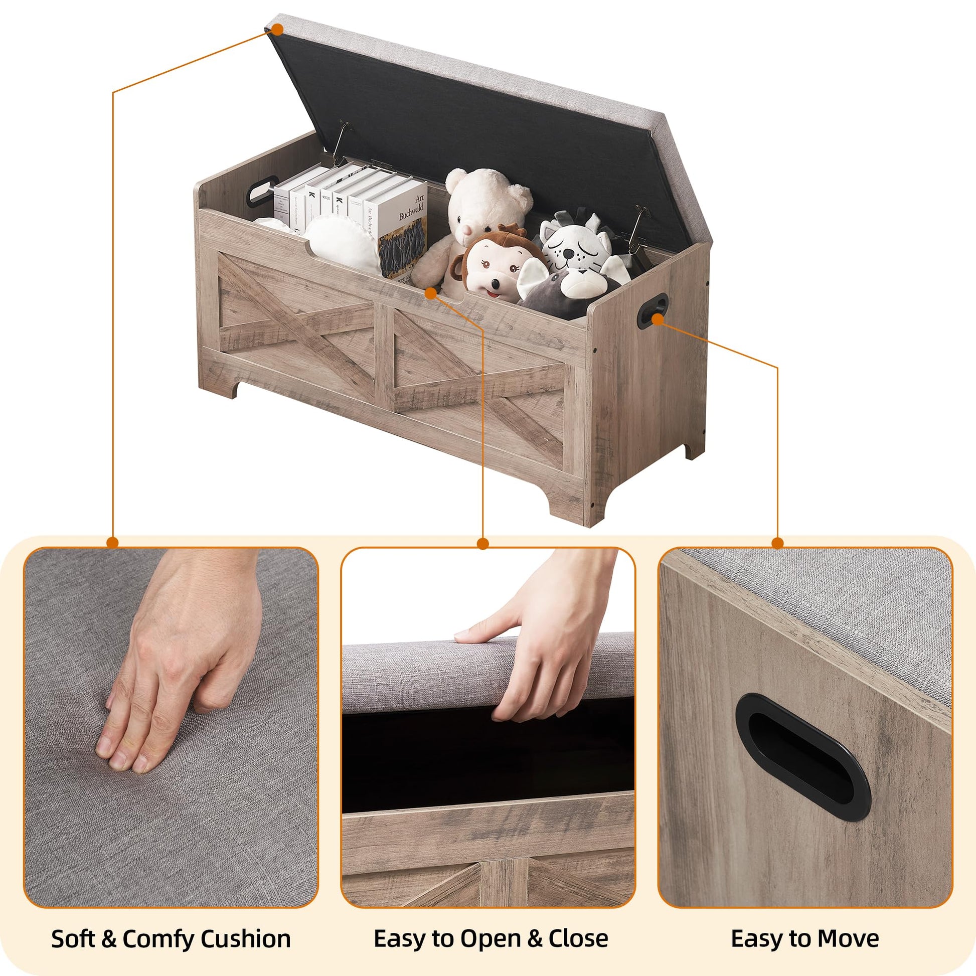Banc de rangement Garvee avec verrou de sécurité, style campagnard, bois gris, pour couloir et chambre