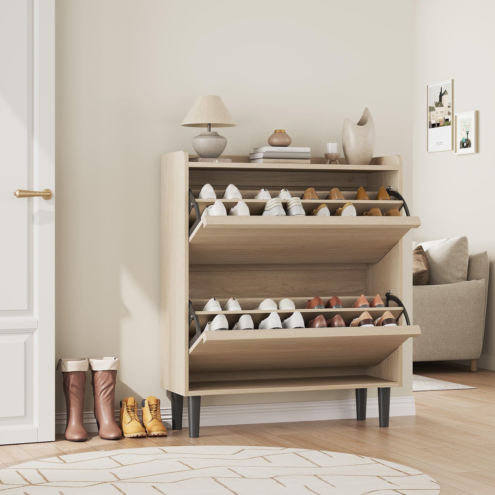 Meuble à chaussures Garvee avec 2 tiroirs abattants, étagère réglable, en MDF, idéal pour l'entrée et le salon, 87,6 x 26,7 x 95,2 cm, peu encombrant et robuste.