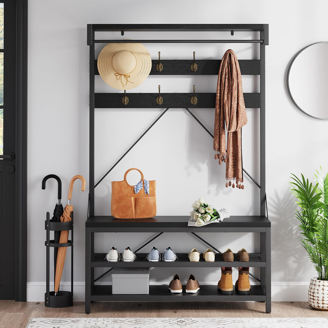 Garvee Porte-manteau/banc à chaussures industriel avec 8 crochets, aspect bois, structure en métal, pieds réglables pour couloir 101,3 cm×40 cm×182,9 cm