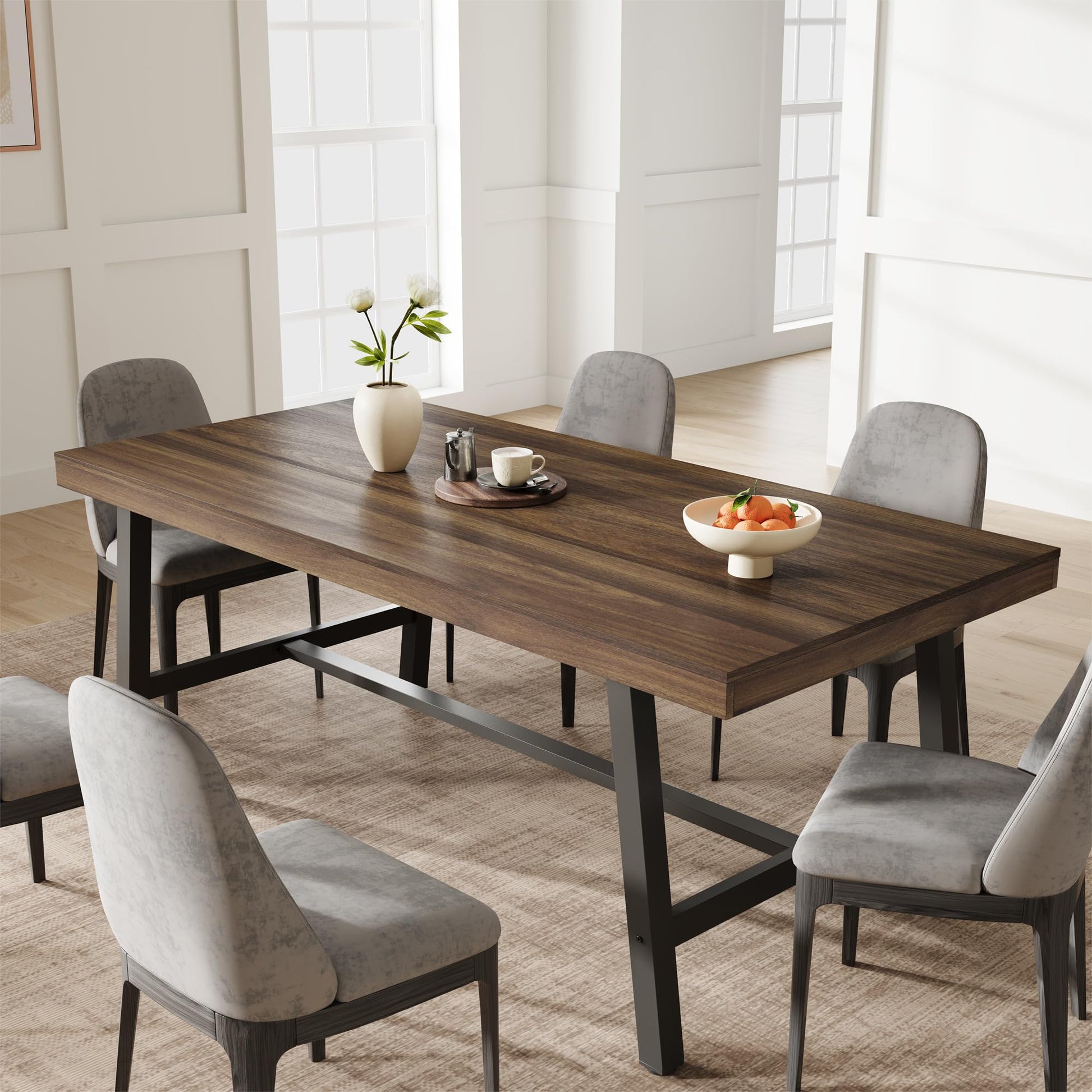 Table de salle à manger industrielle Garvee en bois pour 6 à 8 personnes, avec structure métallique robuste, pieds réglables, 180 cm (70,87 po), finition brun rustique.