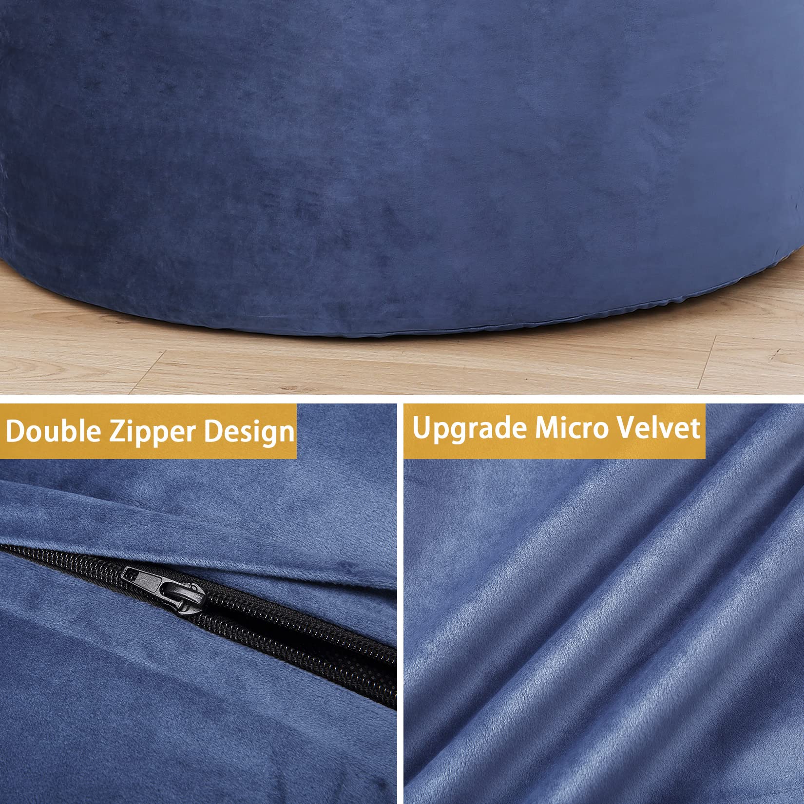 Pouf géant rond Garvee 120 cm avec rembourrage, velours doux, grand canapé pour adultes et adolescents, bleu marine, housse amovible, salon et chambre