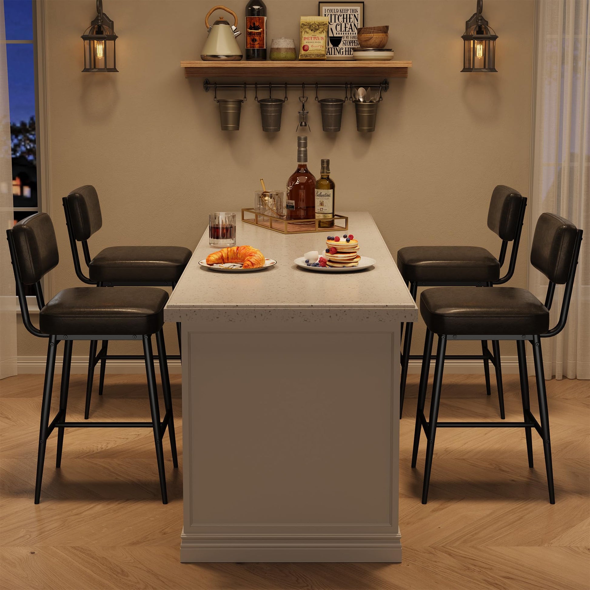 Ensemble de 2 tabourets de bar Garvee, 66 cm (26 po), revêtement en similicuir, dossier ergonomique, pieds en métal, pour îlot de cuisine, noir
