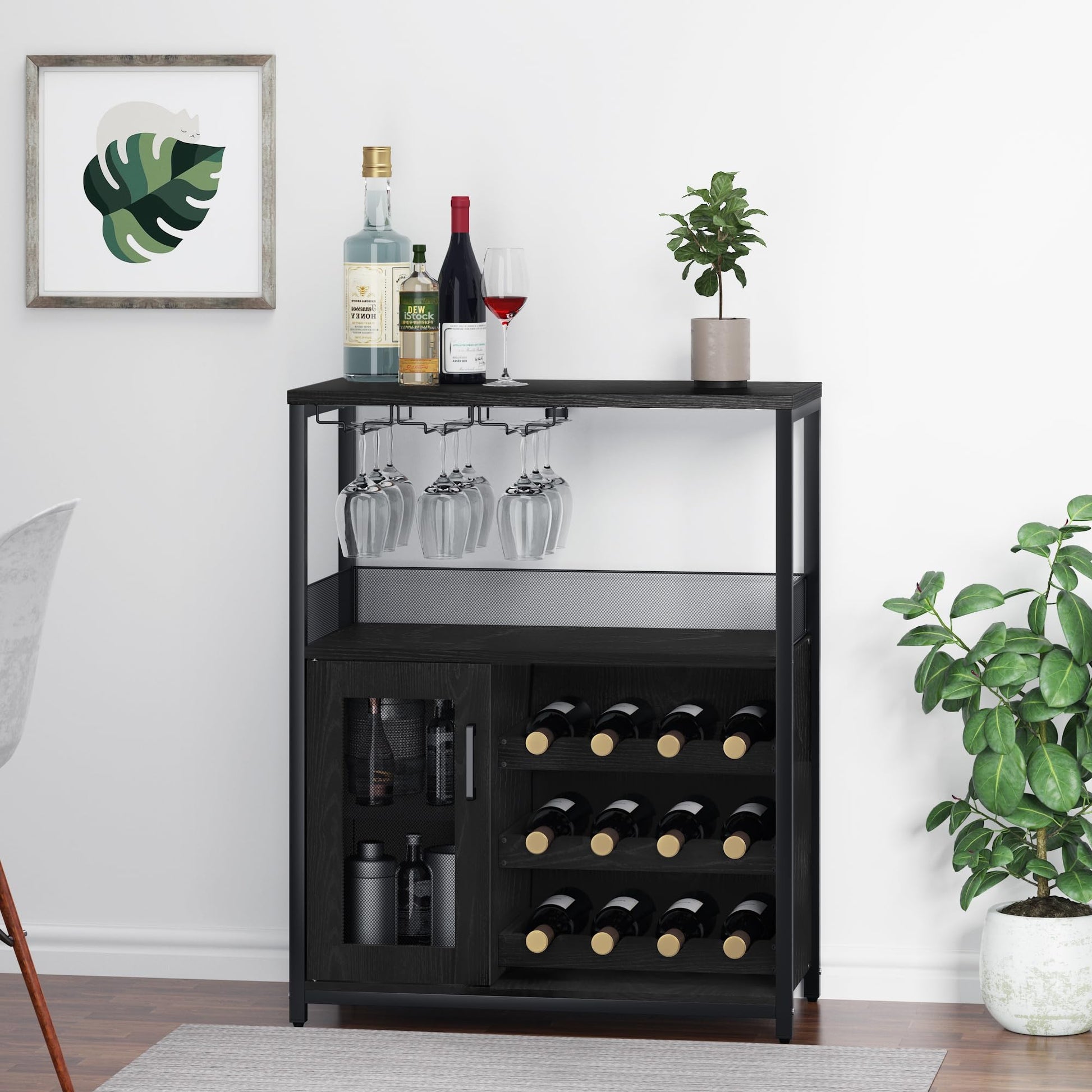 Garvee Meuble bar à vin à 3 niveaux avec casier à bouteilles amovible et porte-verres pour cuisine et bar, 69 cm (L)×35 cm (P)×92 cm (H)