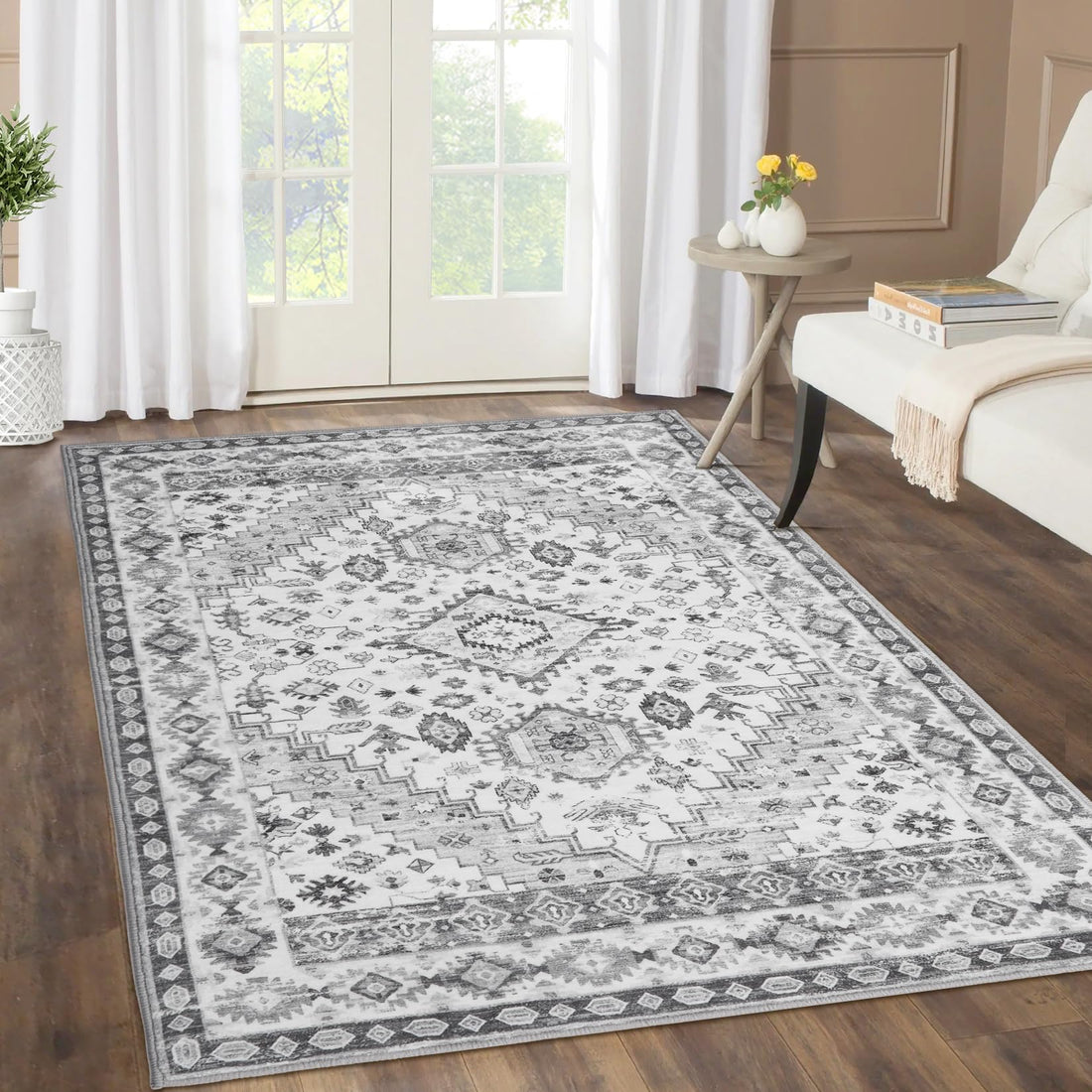 Tapis GARVEE style bohème traditionnel, lavable, antidérapant, doux, antitache, pliable, 80 x 150 cm, gris, salon
