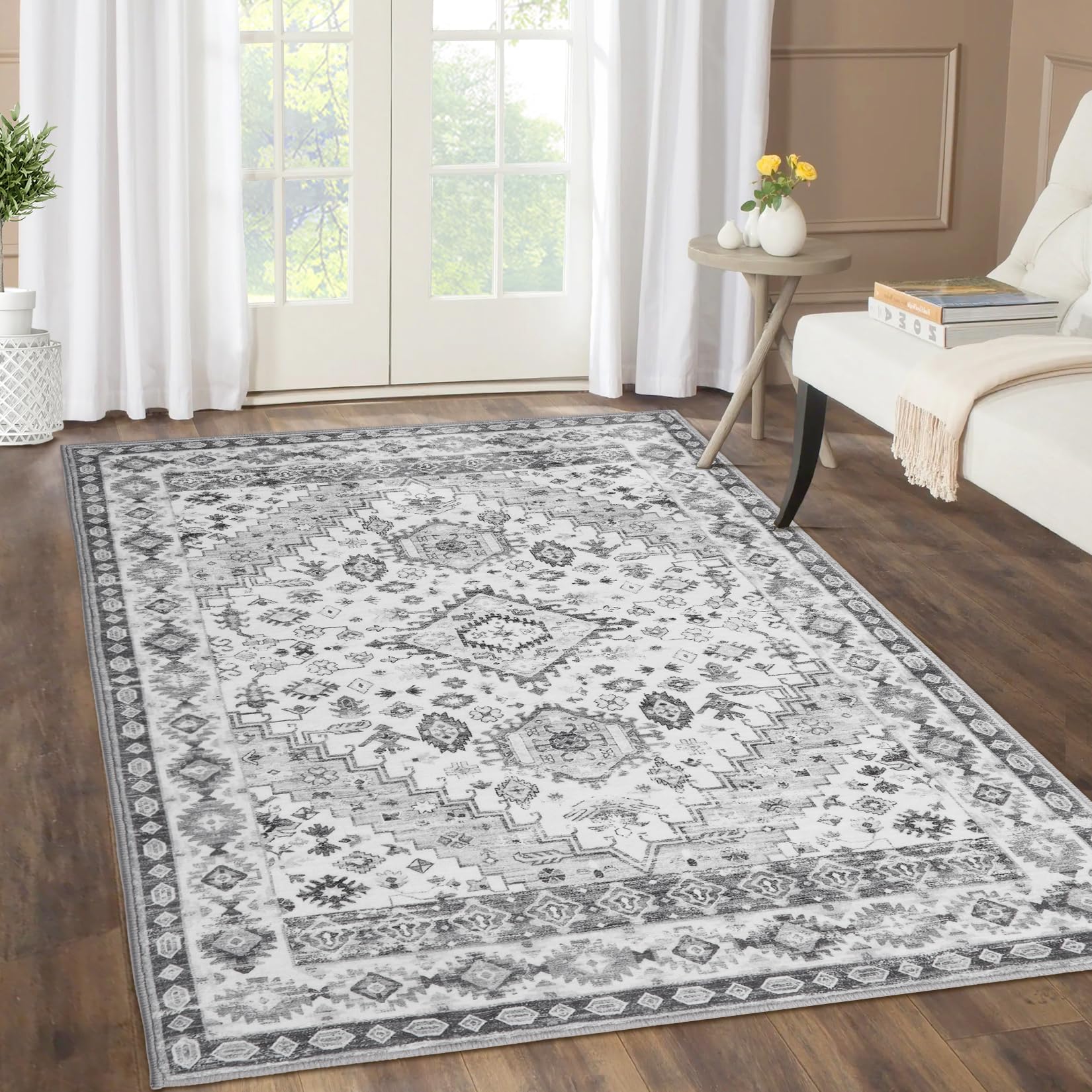 Tapis GARVEE style bohème traditionnel, lavable, antidérapant, doux, antitache, pliable, 80 x 150 cm, gris, salon