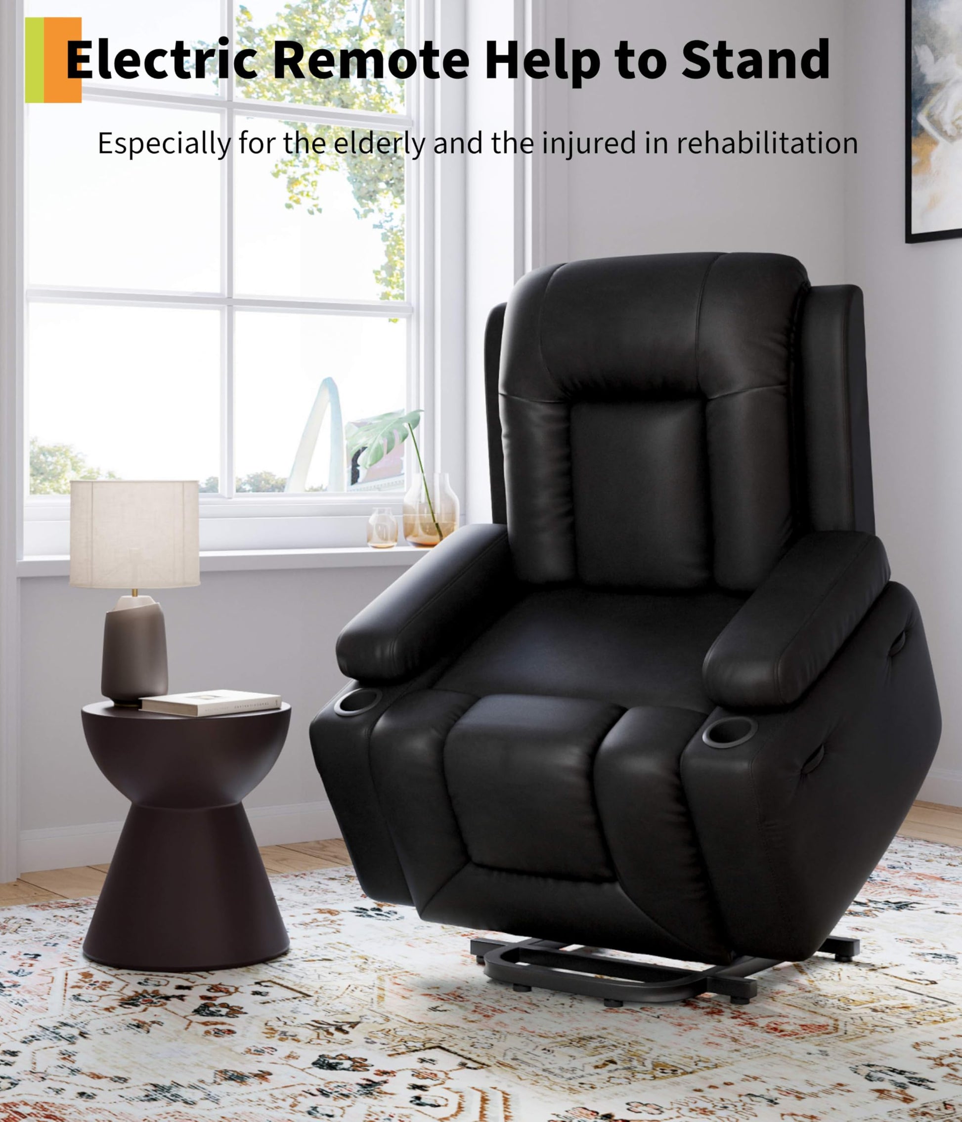 Fauteuil releveur électrique Garvee avec fonction chauffante et massante, revêtement en similicuir, pour seniors, salon, 98 x 95 x 103 cm, noir