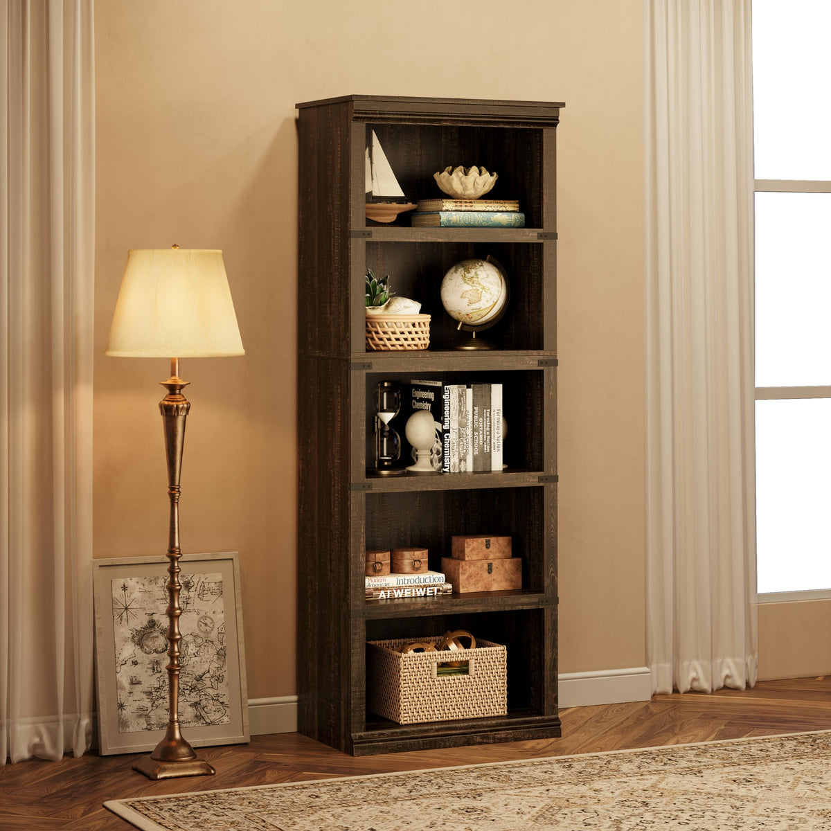 Garvee bibliothèque haute 62 × 32 × 171 cm, 5 niveaux ouverts, finition noire, style campagne