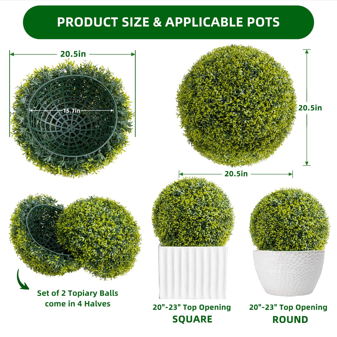 Garvee Lot de 2 boules de buis artificielles 52cm en PE, résistantes aux UV et aux intempéries, pour jardin et mariage, vertes