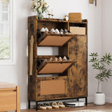Garvee Armoire À Chaussures Avec 3 Tiroirs Rabattables, 4 Étagères Réglables, Portes En Rotin, Pieds Métalliques Pour Entrée Et Couloir, Rangement Spacieux, Couleur Naturelle - Brun rustique