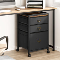 Garvee Caisson de classement mobile 3 tiroirs avec roulettes, cadre métal, plateau MDF, compatible A4/Lettre, noir rustique, bureau maison.